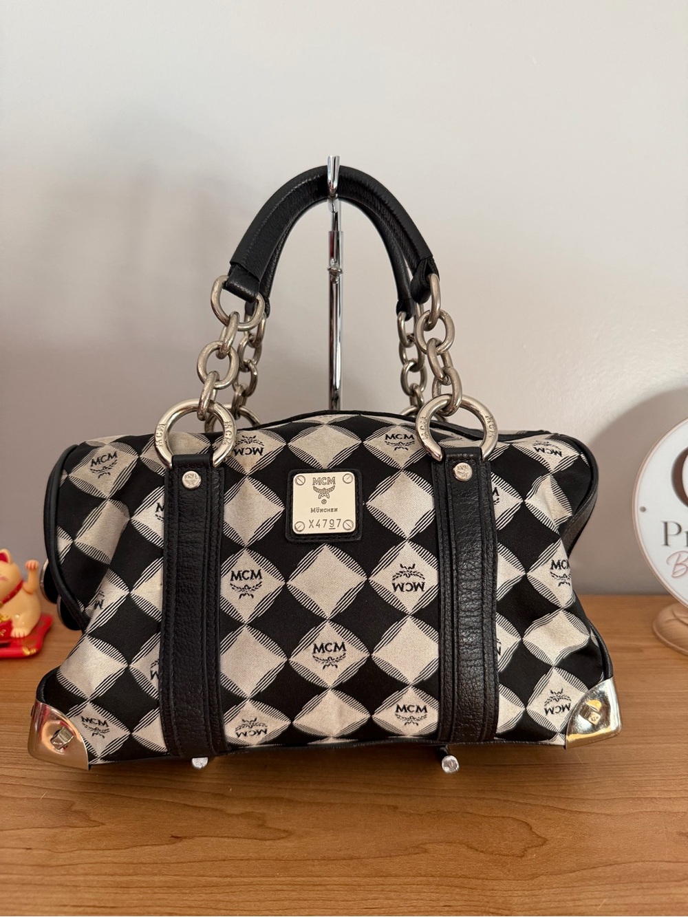 MCM Black & Cream Checker Logo Satchel with Chain Handles